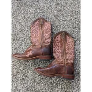 Tony Lama Cowboy Boots Womens Size 6B Brown Pink Square Toe Vintage Made In USA